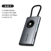 CABLETIME- 6-in-1 USB C HUB Lens Series Input: USB C; Output: 1×HDMI 4K30Hz, 2×USB-A 3.0 5Gbps, 1×SD/TF 3.0, 1×USB-C PD 100W; Material: Aluminum Shell+Braided Wire, SKU- CT-HUBL4-AG